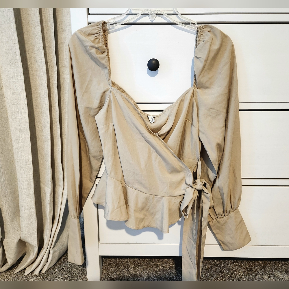 Tan Puff Sleeve Wrap Blouse with Tie Front